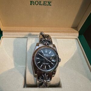 Rolex Men's Watch with Black Dial and Silver Band